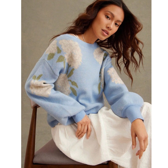 Floral Print Blue Knit Round Neck Long Sleeve Pullover Sweater - Picture 2 of 6
